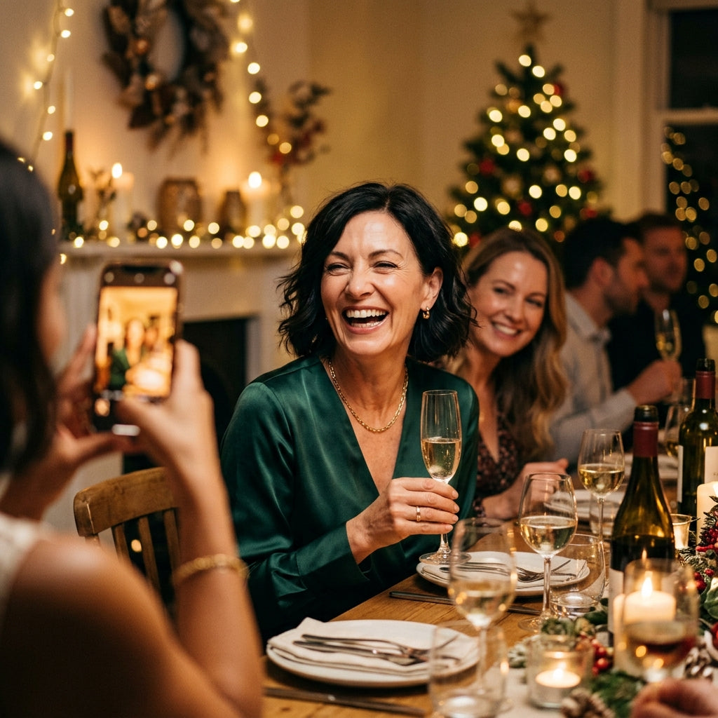Woman being photographed at a holiday party