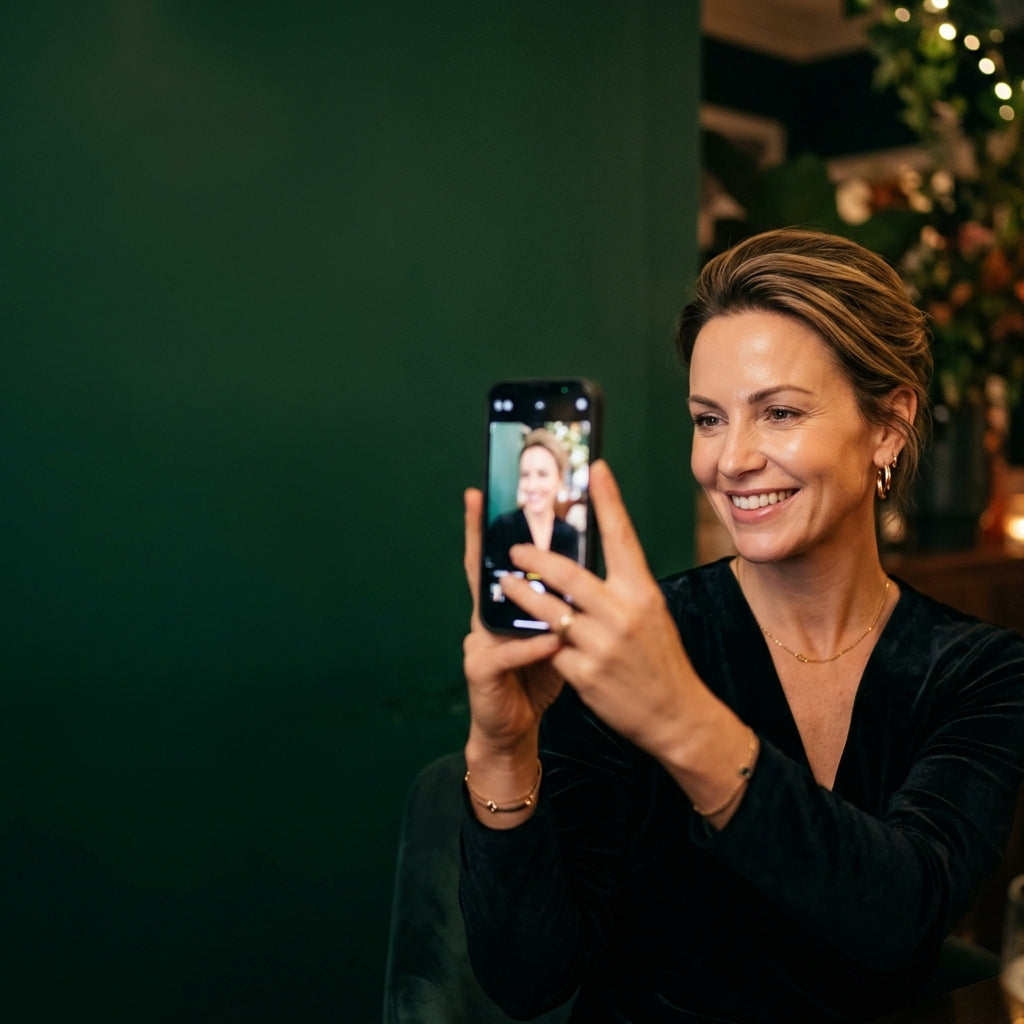 Woman smiling at a selfie on her phone